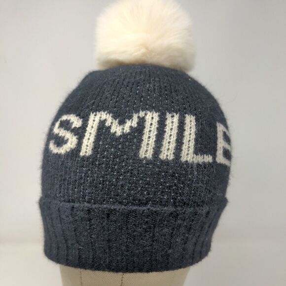 Unbranded Men's Knit Beanie Hat Black Acrylic Pomp Pom Smile Spell Out - Picture 2 of 11